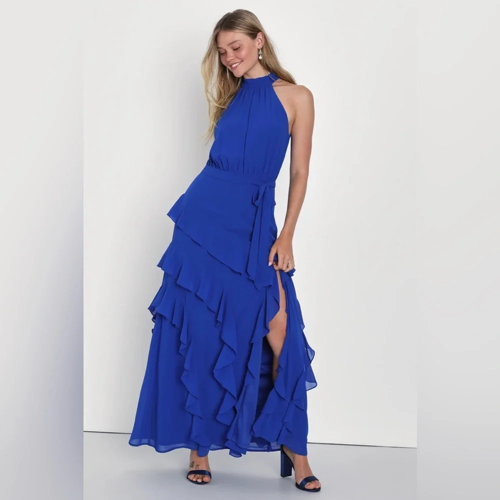 Lulu’s Iconic Cobalt Ruffled Halter Maxi Dress. Size M. - Picture 1 of 5
